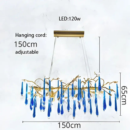 Decorbites blue crystal chandelier featuring blue glass teardrops with gold-toned metal frame and hanging cord for dining room