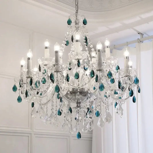Elegant decorbites blue crystal chandelier featuring teal teardrop accents and clear glass prisms for living room lighting