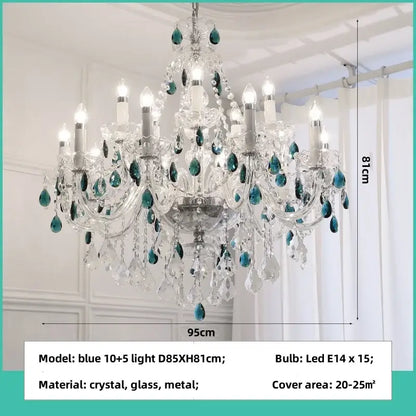 An elegant decorbites blue crystal chandelier with teal teardrop accents and clear glass droplets on a silver frame