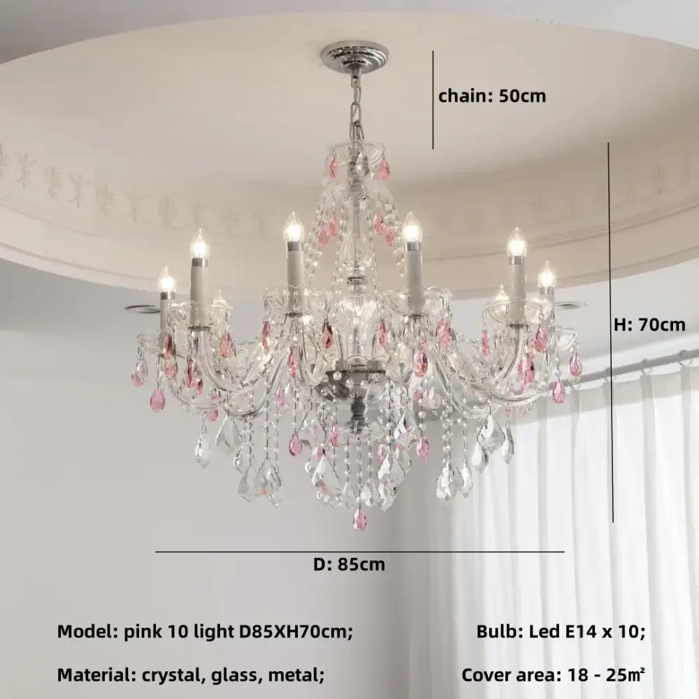 A decorbites blue crystal chandelier with delicate pink and clear crystals metallic finish and ten led lights for living room