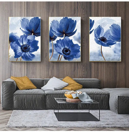 Set of three framed blue flowers wall art prints by DecorBites for living room featuring beautiful blue flowers design