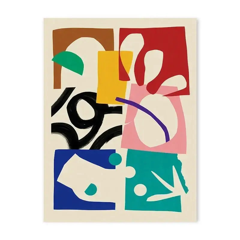 Decorbites™ blue wave japanese abstract print poster featuring bold geometric shapes and vibrant colors on cream background