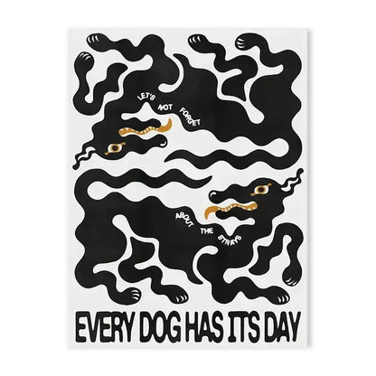 Decorbites™ blue wave japanese abstract print poster featuring black and gold stylized dog illustrations on white background