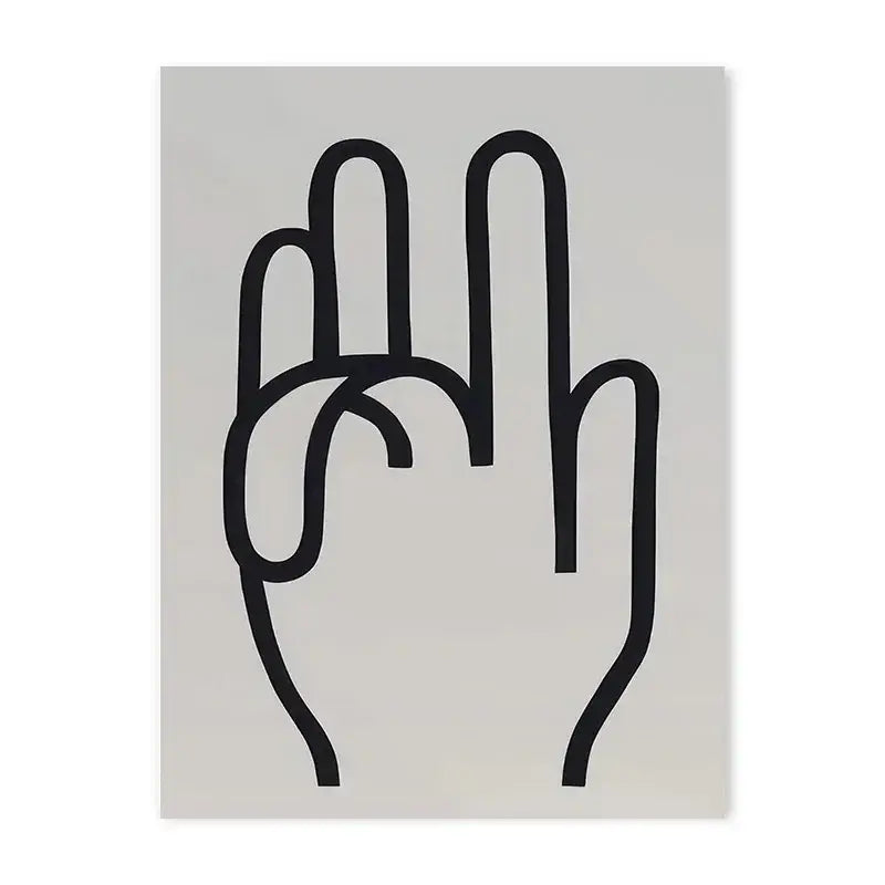 Decorbites™ blue wave japanese abstract print poster featuring black minimalist line art hand gesture on gray background