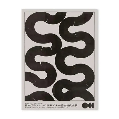 Decorbites™ blue wave japanese abstract print poster featuring black abstract wave design on light gray background