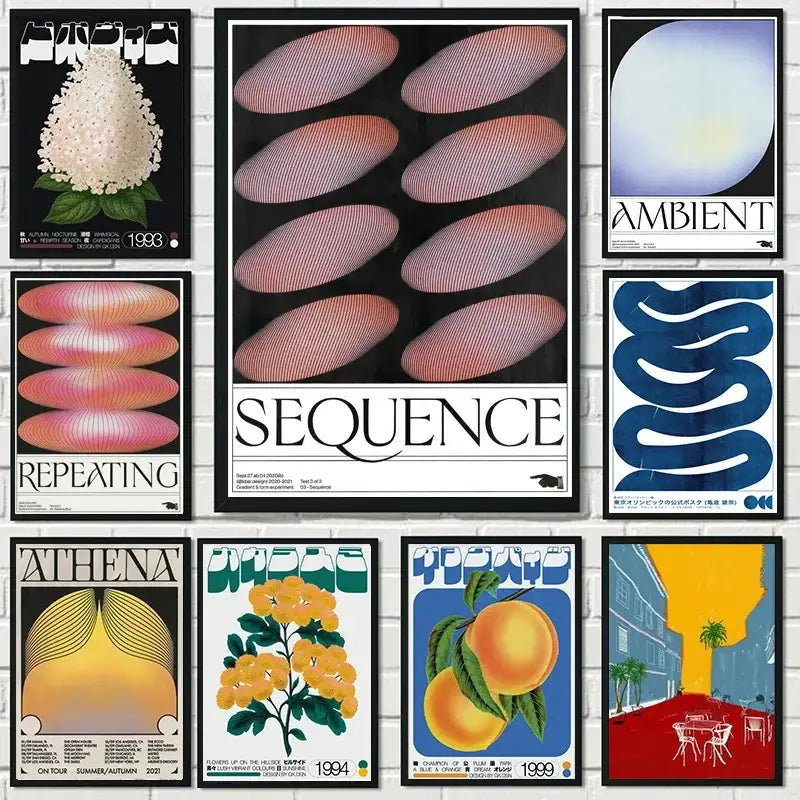 A collection of nine framed posters featuring japanese abstract print designs in bold pink blue yellow and white colors