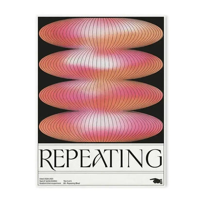 Decorbites™ blue wave japanese abstract print poster with gradient pink and orange oval shapes and repeating text