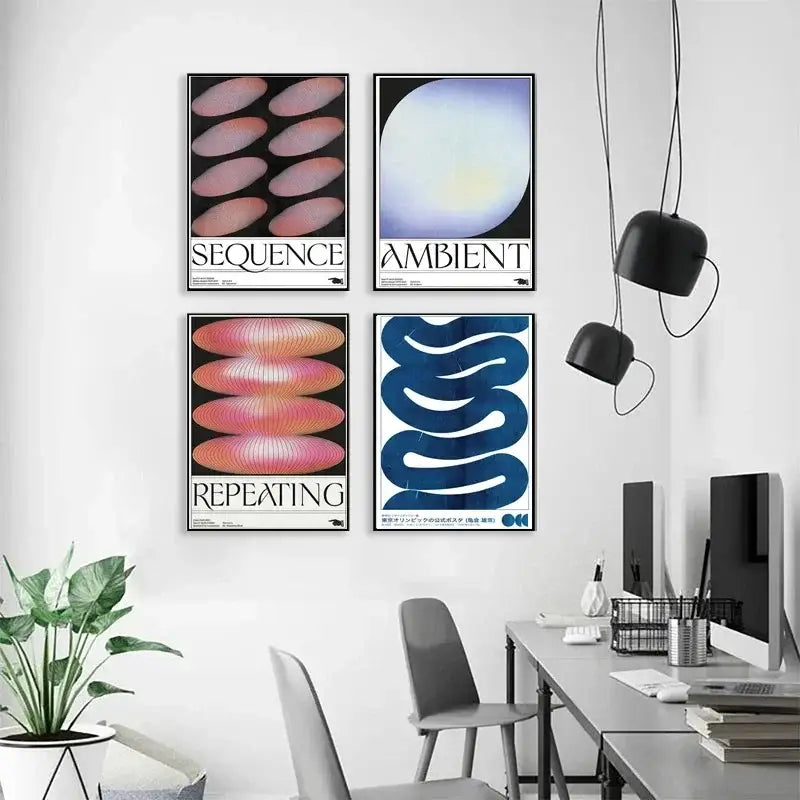 Set of four minimalist abstract print posters with japanese abstract wave designs in muted pink and blue gradients