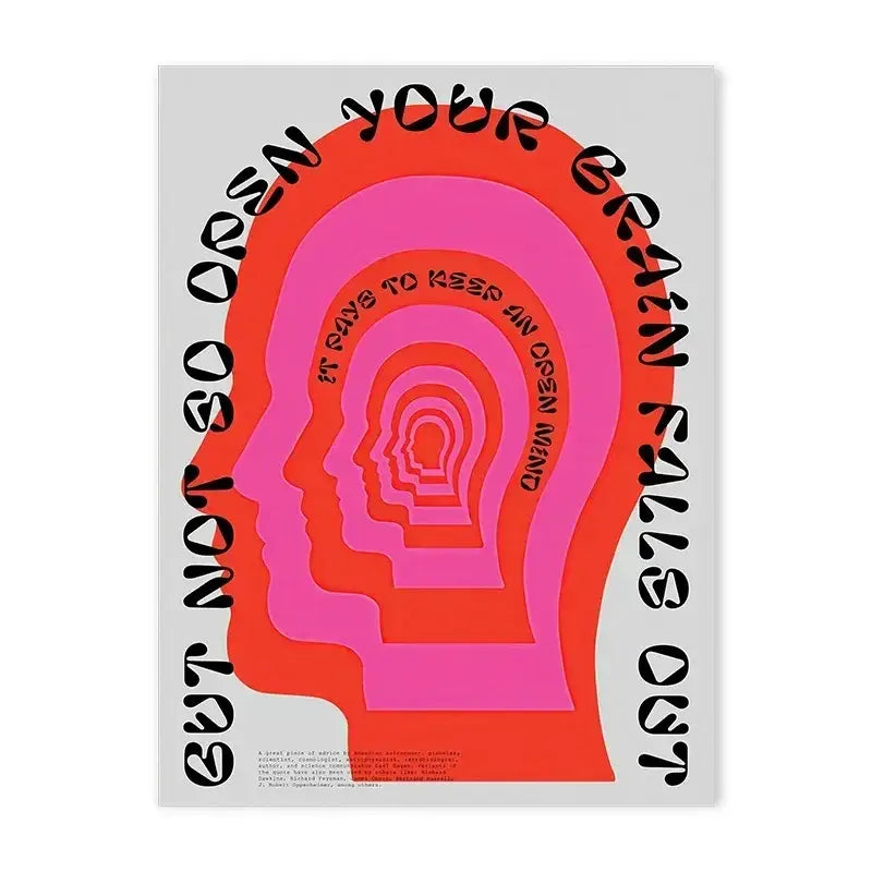 A vibrant decorbites™ blue wave japanese abstract print poster with red and pink concentric head silhouettes and black text