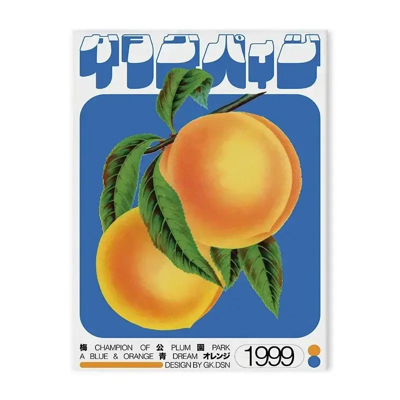 A vibrant decorbites™ blue wave japanese abstract print poster featuring two ripe orange-yellow peaches with green leaves