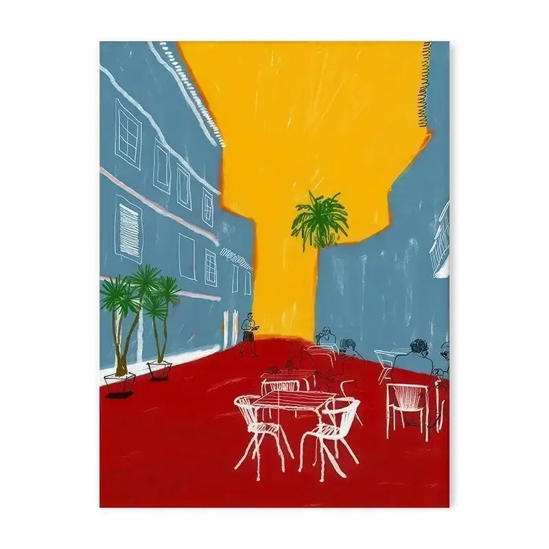 Decorbites™ blue wave japanese abstract print poster featuring bold blue buildings and vibrant yellow sky street scene