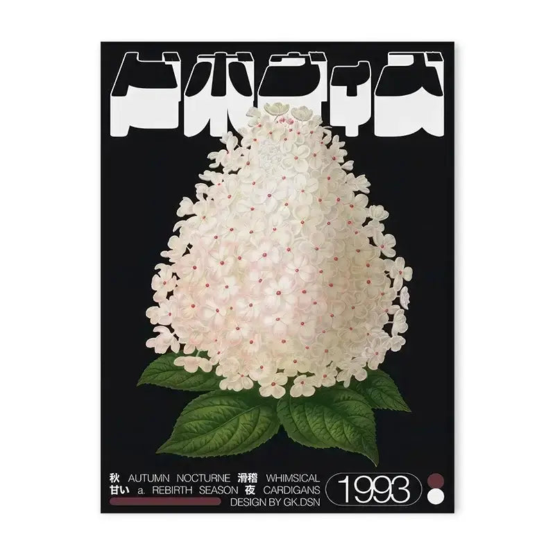 Decorbites™ blue wave japanese abstract print poster featuring white hydrangea with delicate petals on black background
