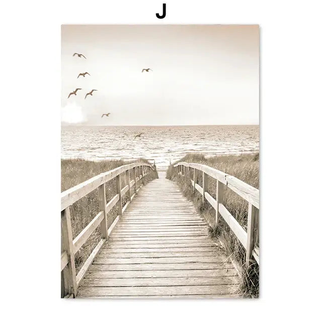 Sepia toned bohemia beach landscape wall art featuring weathered wooden boardwalk and grassy dunes by decorbites