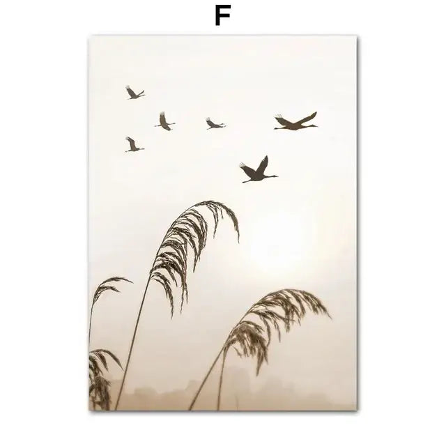 Decorbites™ bohemia beach landscape wall art featuring silhouetted birds above reeds on a soft beige canvas