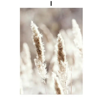 DecorBites™ bohemia beach landscape wall art featuring soft feathery pampas grass plumes in beige and cream tones