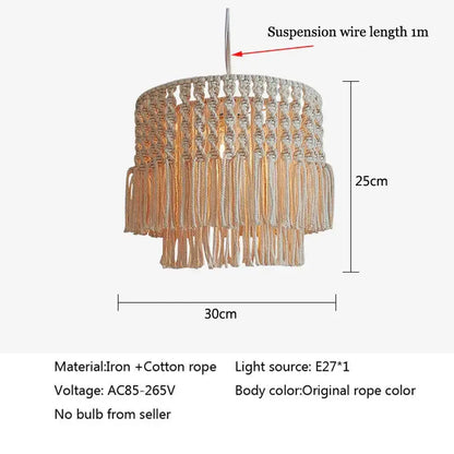 Beige bohemia cotton rope chandelier with tiered rope design and hanging tassels for dining or living room decor