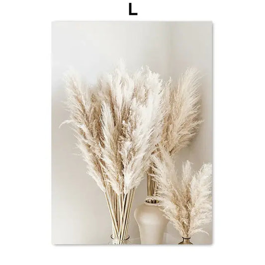 Decorbites™ bohemian beach landscape wall art featuring dried pampas grass in beige tones in minimalist ceramic vases