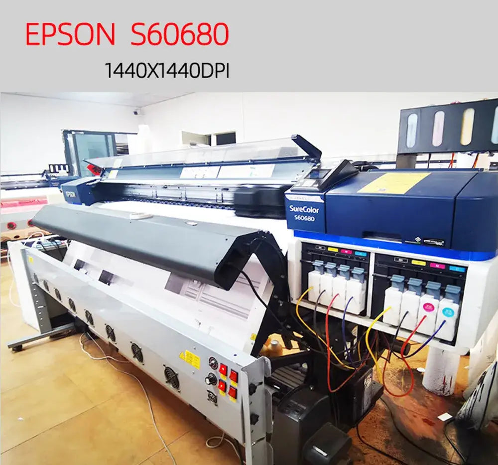 Epson s60680 large-format printer with sleek white and blue design and multiple ink cartridges for high-resolution beach landscape wall art printing