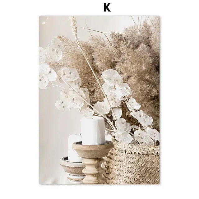 A rustic wooden candle holder with a white pillar candle complements decorbites™ bohemian beach landscape wall art print