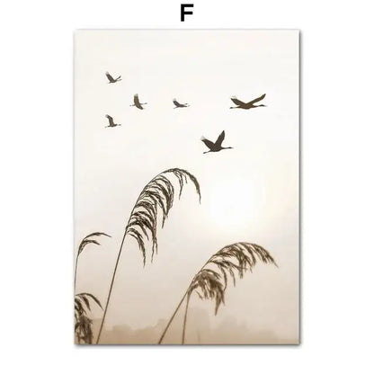 DecorBites™ bohemian beach landscape wall art print with silhouetted birds above tall reeds on a soft beige canvas