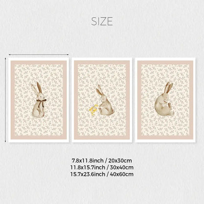 DecorBites™ bohemian style wall art set featuring three framed prints of beige rabbits with soft pink backgrounds