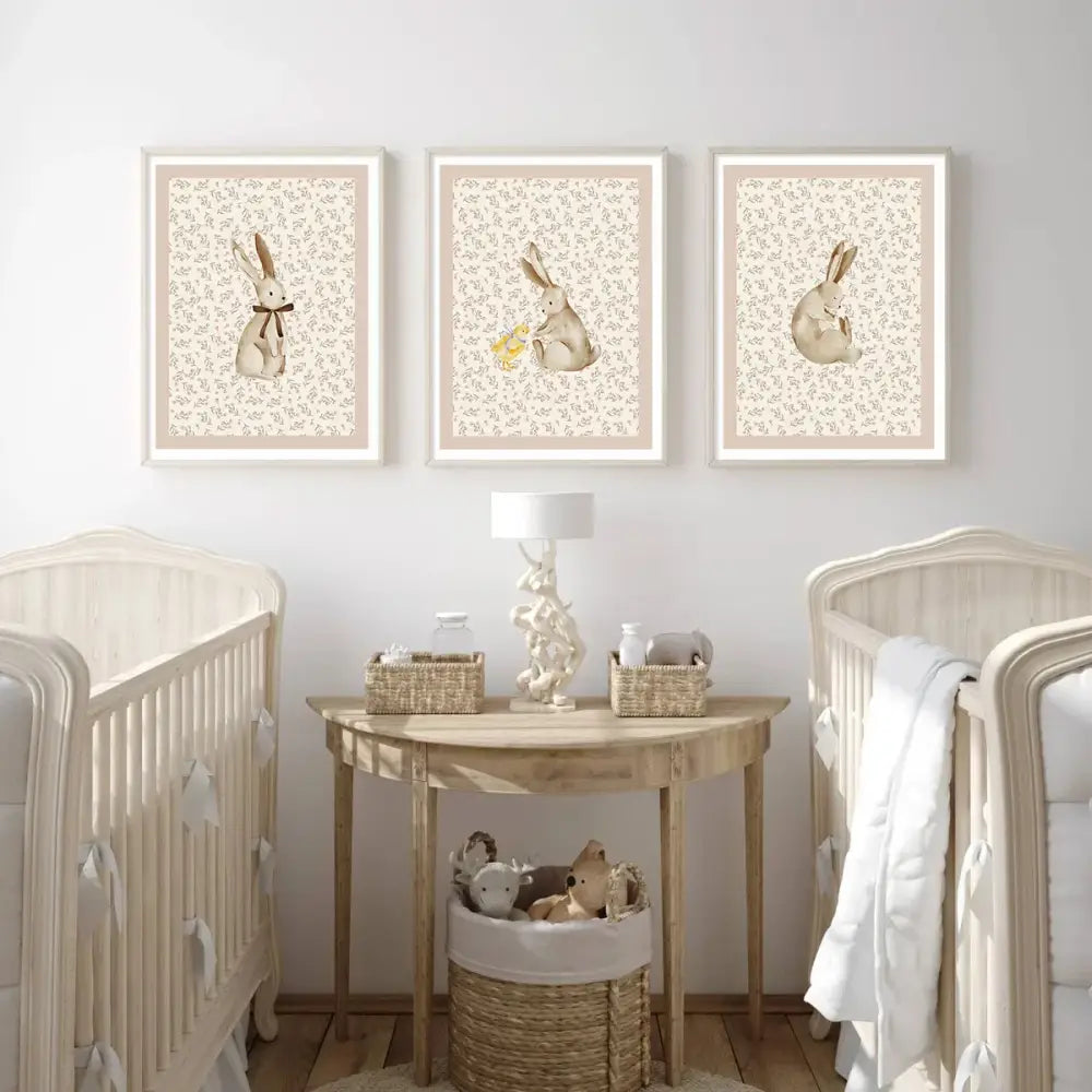DecorBites™ bohemian style wall art set with three white framed prints of beige rabbits on floral backgrounds