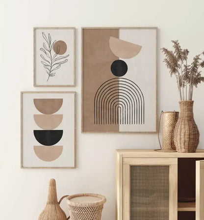 Decorbites™ bohemian geometric plant wall art set with beige and black abstract prints in minimalist wooden frames wall art set
