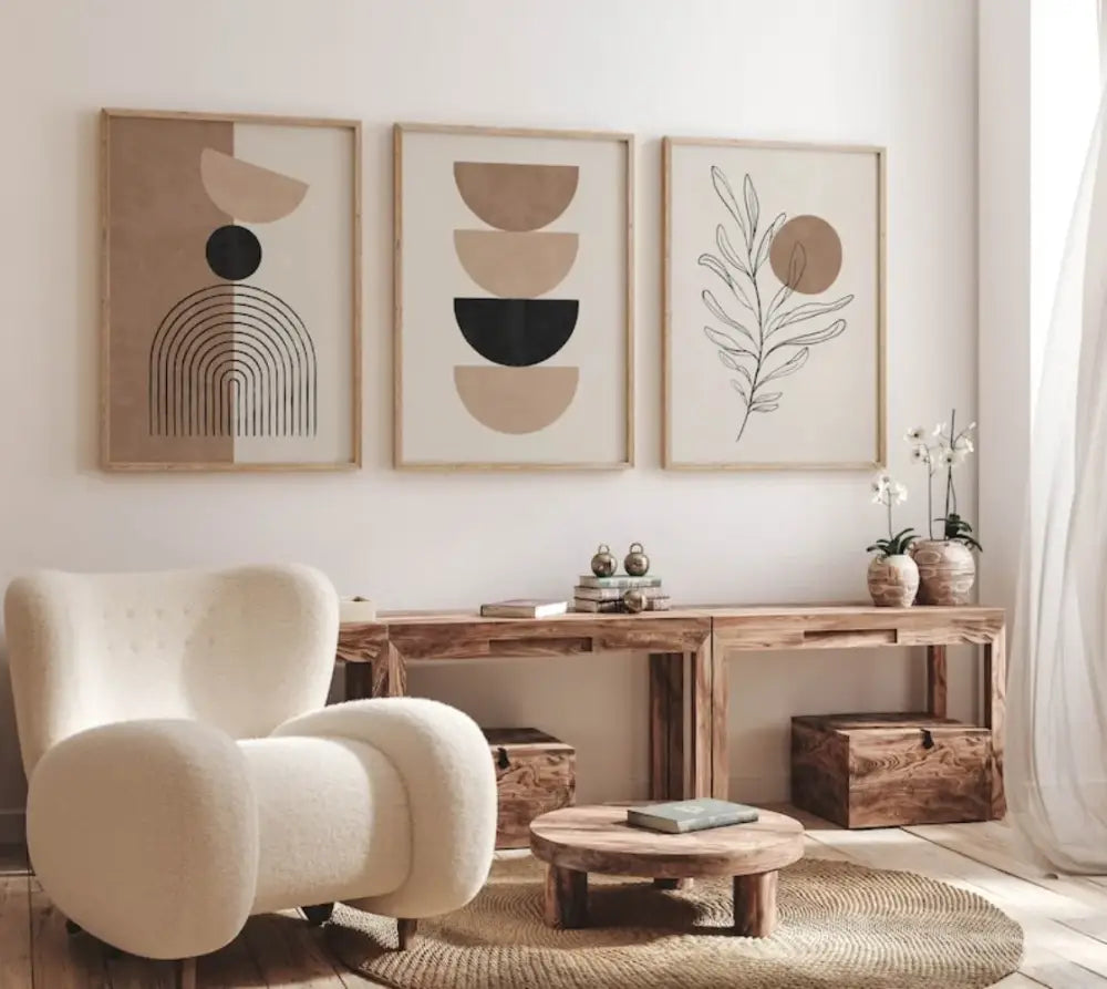 Cream-colored plush armchair with tufted upholstery shown next to decorbites™ bohemian geometric plant wall art set