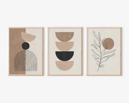 Set of three DecorBites™ bohemian geometric plant wall art prints in neutral tones framed with light wood wall art set