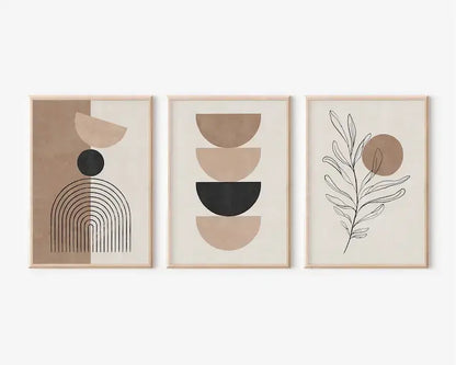 Decorbites™ bohemian geometric plant wall art set featuring three minimalist abstract prints in light wood frames with earthy tones
