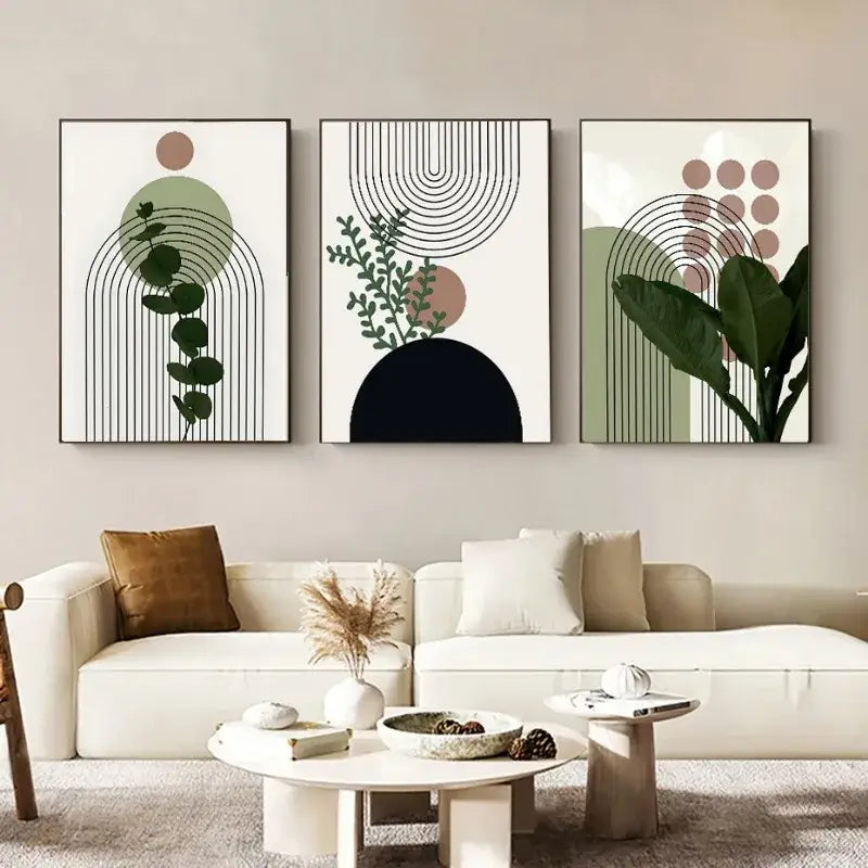 Set of three decorbites™ bohemian green leaves canvas wall art prints featuring minimalist botanical designs with earth tones