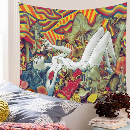 Vibrant decorbites bohemian tapestry featuring a nude figure and colorful mushrooms on a swirling rainbow background for home decor
