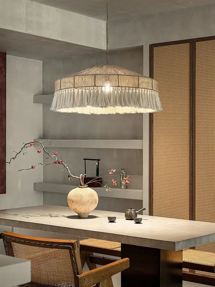 Beige woven decorbites bohemian tassel chandelier with fringed cylindrical shade for bedroom lighting