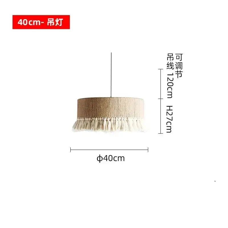 Beige cylindrical decorbites bohemian tassel chandelier with natural woven fringe detail for bedroom lighting