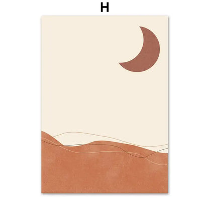 DecorBites™ bohemian wall art canvas painting featuring a terracotta crescent moon and ochre desert dunes on off-white background wall art canvas