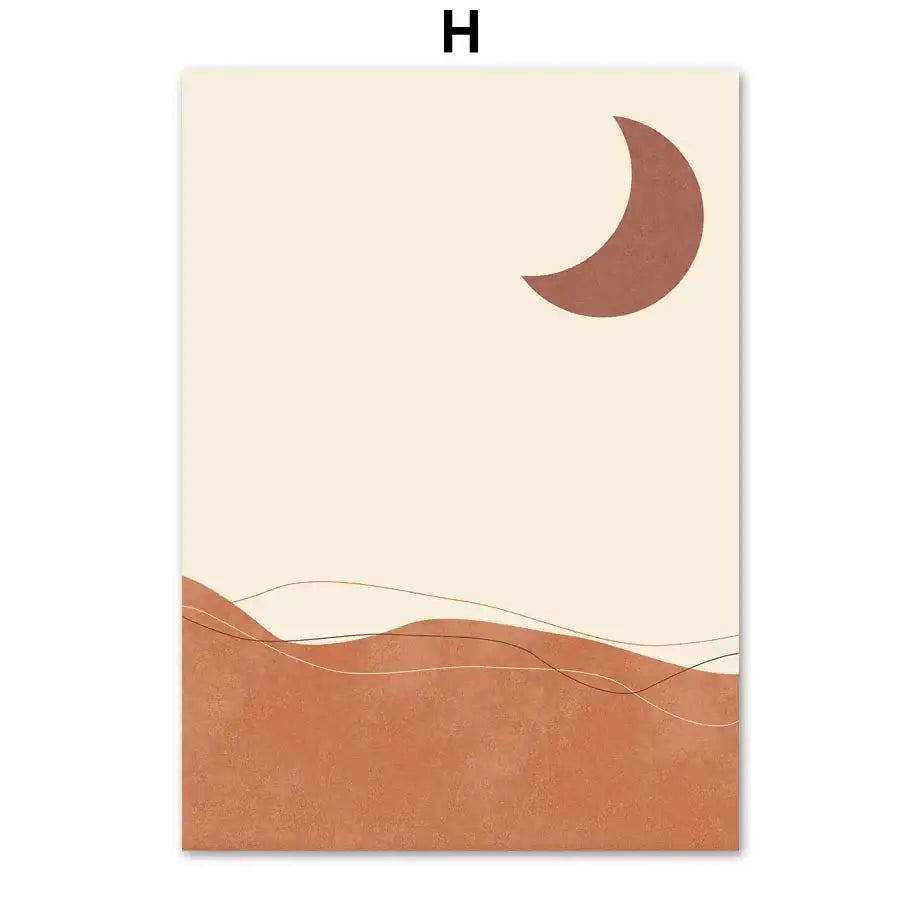 DecorBites™ bohemian wall art canvas painting featuring a terracotta crescent moon and ochre desert dunes on off-white background wall art canvas