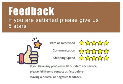 Brown feedback banner with white text urging five star satisfaction for decorbites bohemian wall art canvas painting