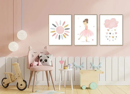 Pink cat-shaped chair with wooden legs and plush panda pillow beside decorbites™ bohemian wall art canvas painting abstract geometry