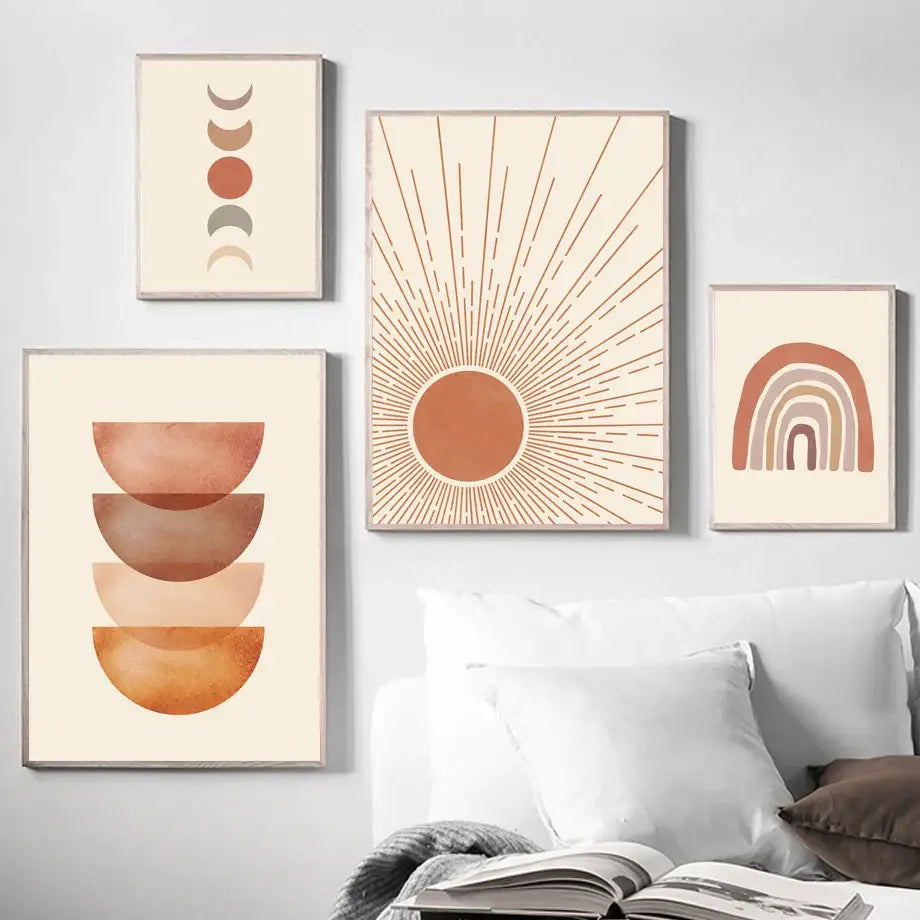Set of four DecorBites™ bohemian wall art canvas paintings featuring abstract geometry in terracotta and cream tones