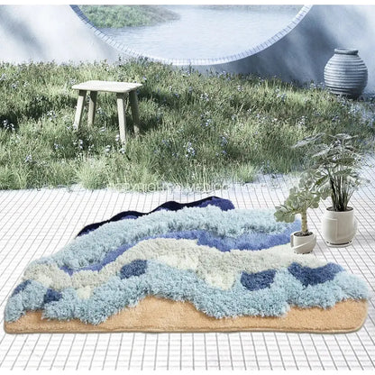 A decorbites boho chic bath mat featuring a plush textured boho chic mossy rug in layered blue and beige shades