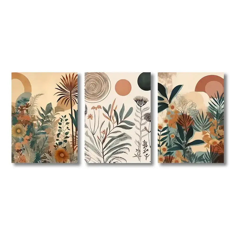 DecorBites™ boho floral modern canvas art set of three panels with illustrated plants and abstract sun motifs in earthy tones