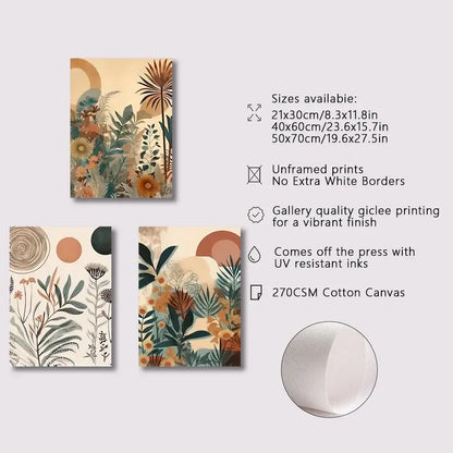 Set of three boho floral modern canvas art prints on 270gsm cotton canvas with earthy tones and abstract plant motifs