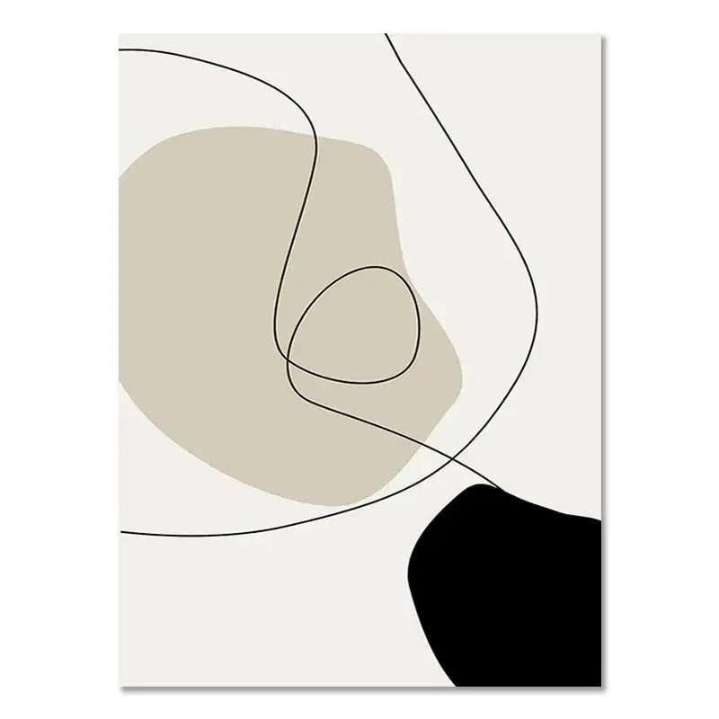 Decorbites boho geometric line canvas wall art with flowing black lines and beige and black geometric shapes on off-white background
