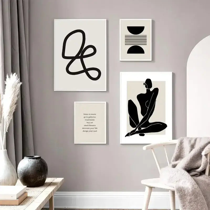 Minimalist black-and-white boho geometric line canvas wall art with clean white frames from decorbites™ collection