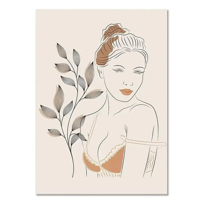 Beige minimalist line art wall art featuring a woman in taupe lace bra with leafy vines for boho light nordic minimalist decor