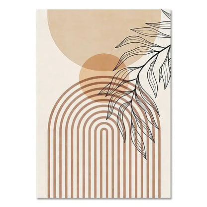 Beige and tan abstract canvas wall art with minimalist leaf outlines and curved lines in nordic minimalist boho light style