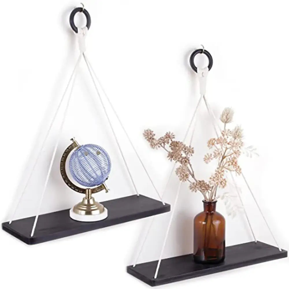 DecorBites™ boho macrame hanging wall shelf featuring black triangular shelves with white macrame cords and black metal rings