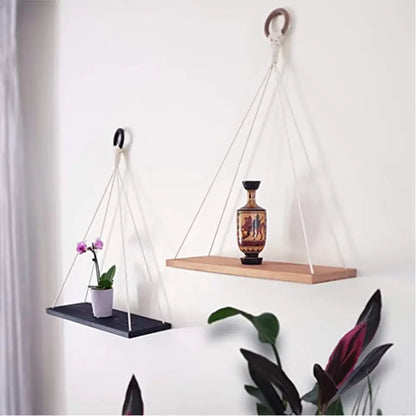 DecorBites™ boho macrame hanging wall shelf with light wood finish and white macrame hanging cords minimalist design