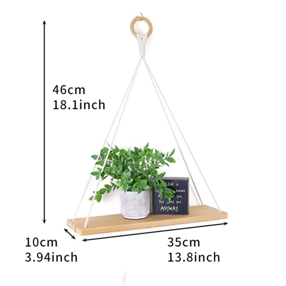 Decorbites™ boho macrame hanging shelf with light wood plank white macrame cords and wooden ring suspension