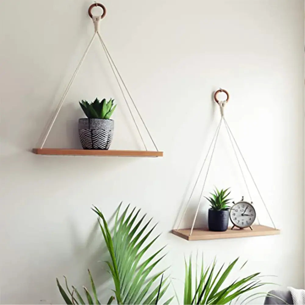 Wooden decorbites™ boho macrame hanging shelf with natural finish suspended by white macrame cords and wooden ring